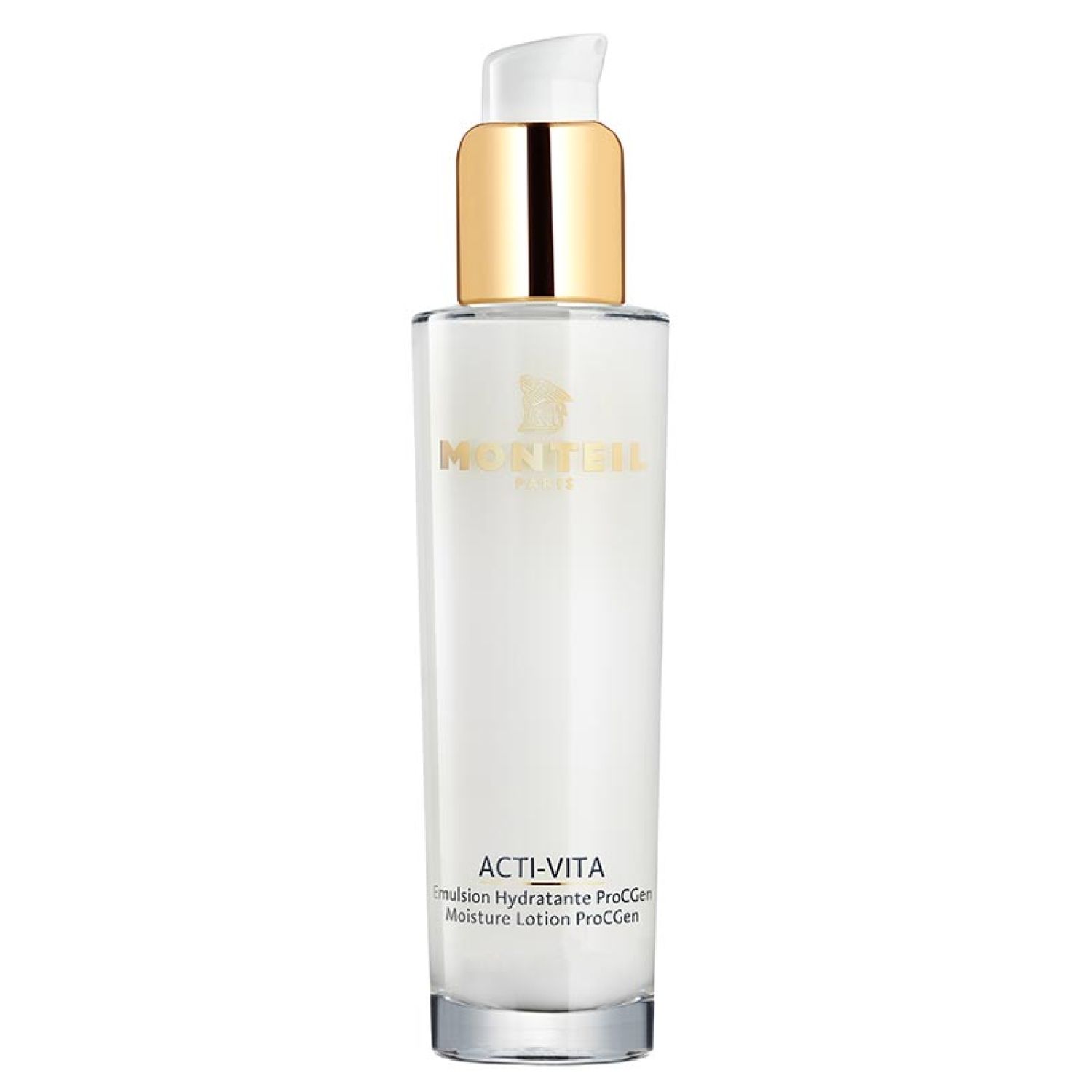Weißliche Lotionflasche mit goldenem Pumpkopf. Aufschrift: MONTEIL PARIS, ACTI-VITA, Moisture Lotion ProCGen.