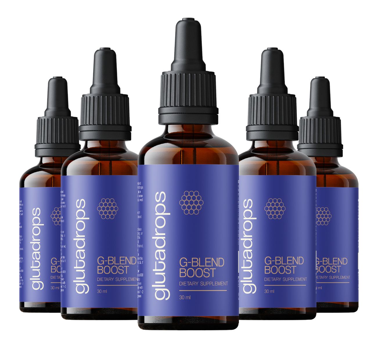 Fünf braune Glasflaschen mit schwarzen Deckeln und blauen Etiketten. Aufschrift: Glutadrops, G-Blend Boost, 30 ml.