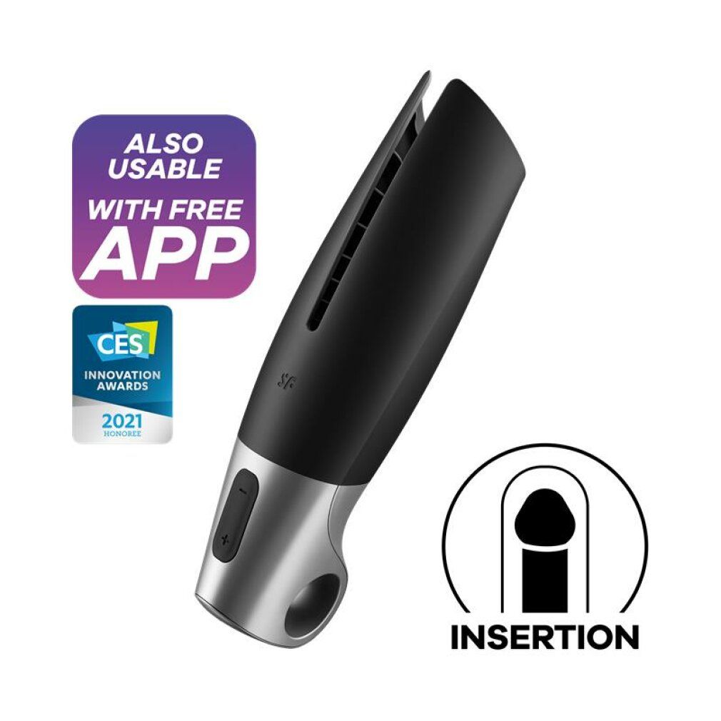 Masturbationsgerät in Schwarz-Silber mit Bedienfeld und Öffnung. CES Innovation Awards 2021. App-Logo.