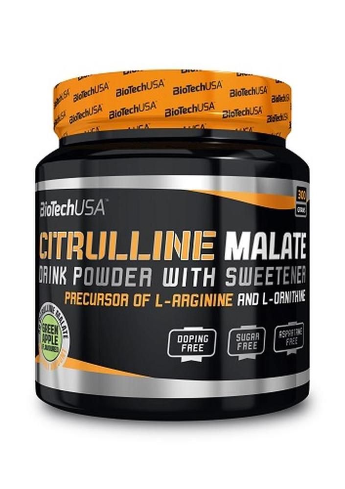 Schwarzes Dose mit Citrullin Malat Pulver. Aufschrift: BioTechUSA, Citrulline Malate, Drink Powder. Grün-Apfel-Aroma.