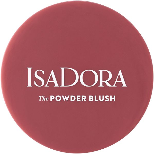 Runder IsaDora Powder Blush Behälter. Deckel mit IsaDora und The Powder Blush Schriftzug. Rosa Farbton.