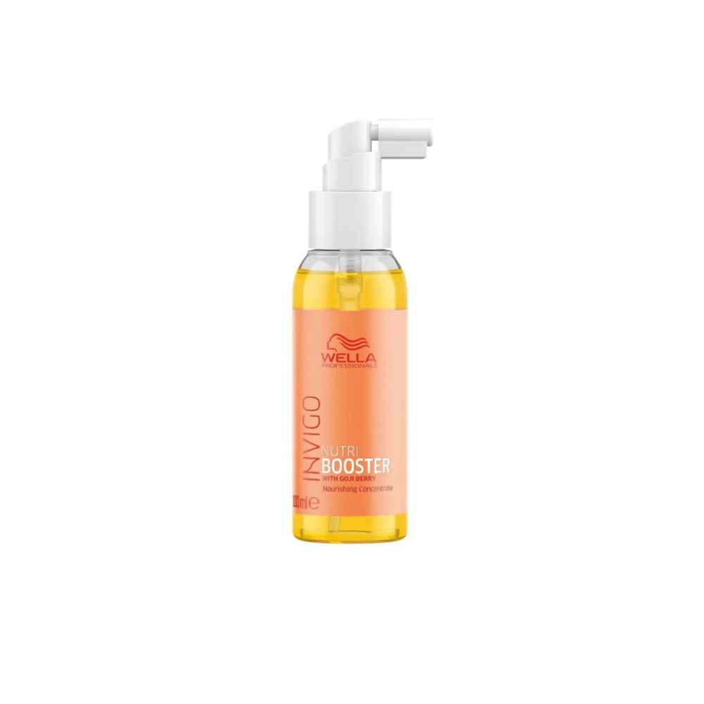 Transparente Flasche mit gelber Flüssigkeit und Pumpe. Aufschrift: Wella Invigo.