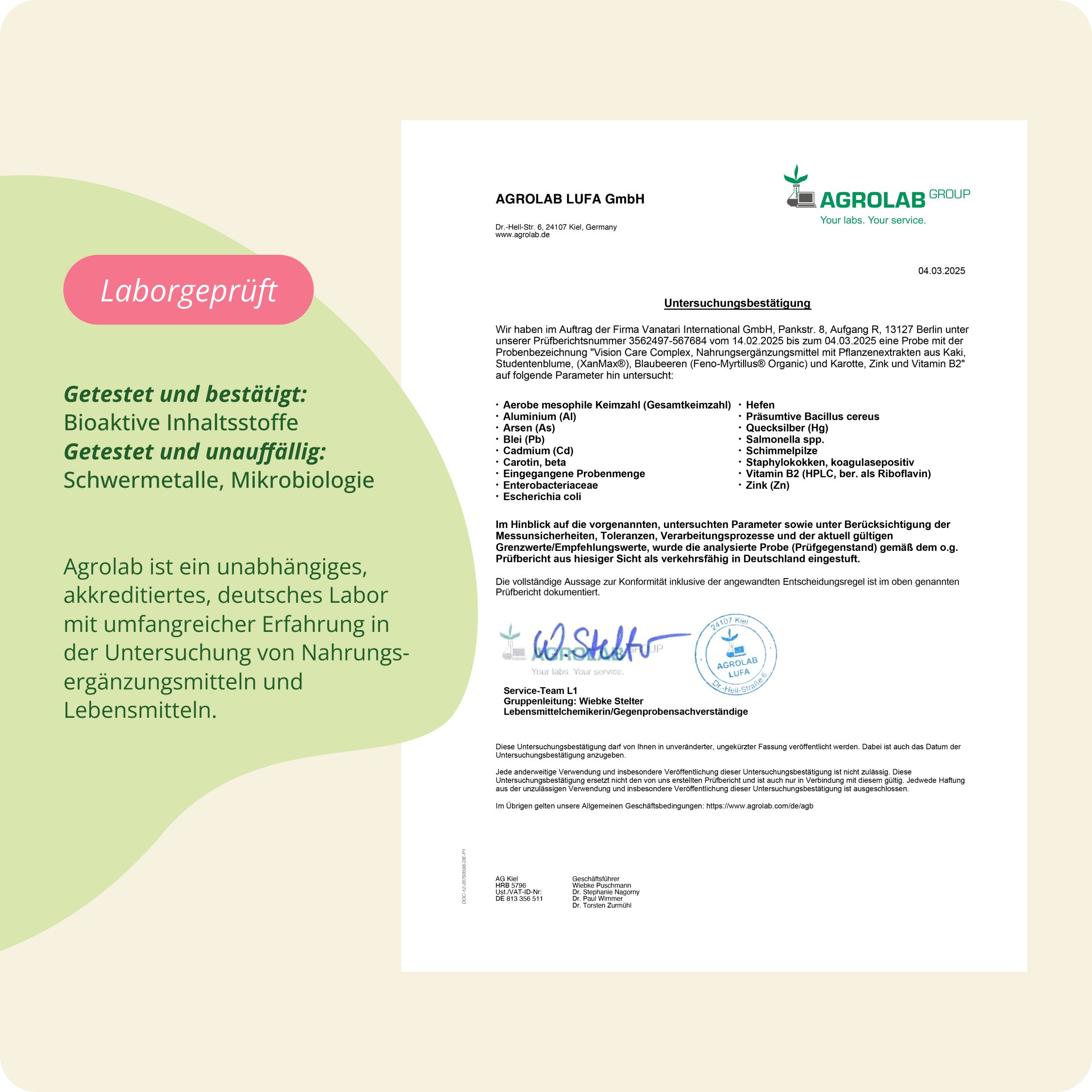 Laborbericht von Agrolab mit Testergebnissen für bioaktive Inhaltsstoffe, Schwermetalle und Mikrobiologie.