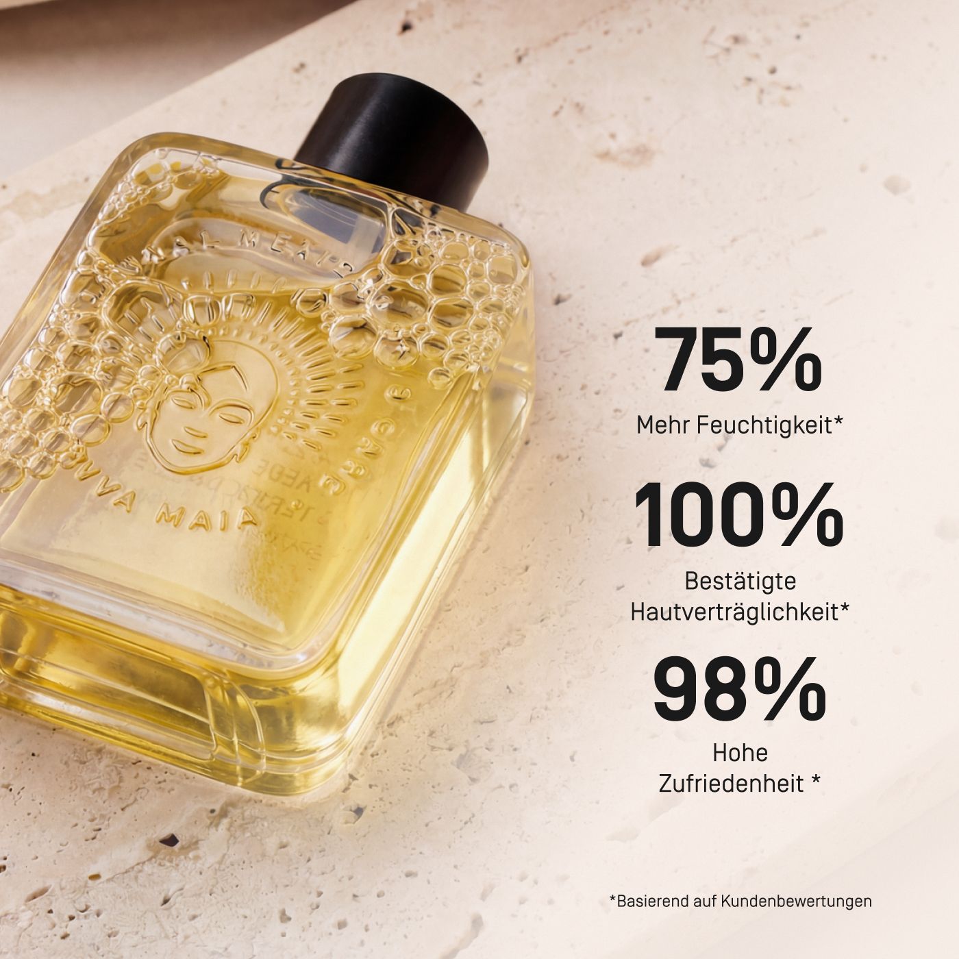 Viva Maia Hydrating Toner mit Nahaufnahme der Glasflasche und Prozentangaben zur Feuchtigkeit.