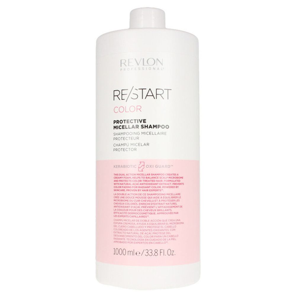 Weiß-rosa Flasche. Revlon Re-Start Color Protective Micellar Shampoo. Text: Protective Micellar Shampoo, 1000 ml/33.8 Fl. Oz.