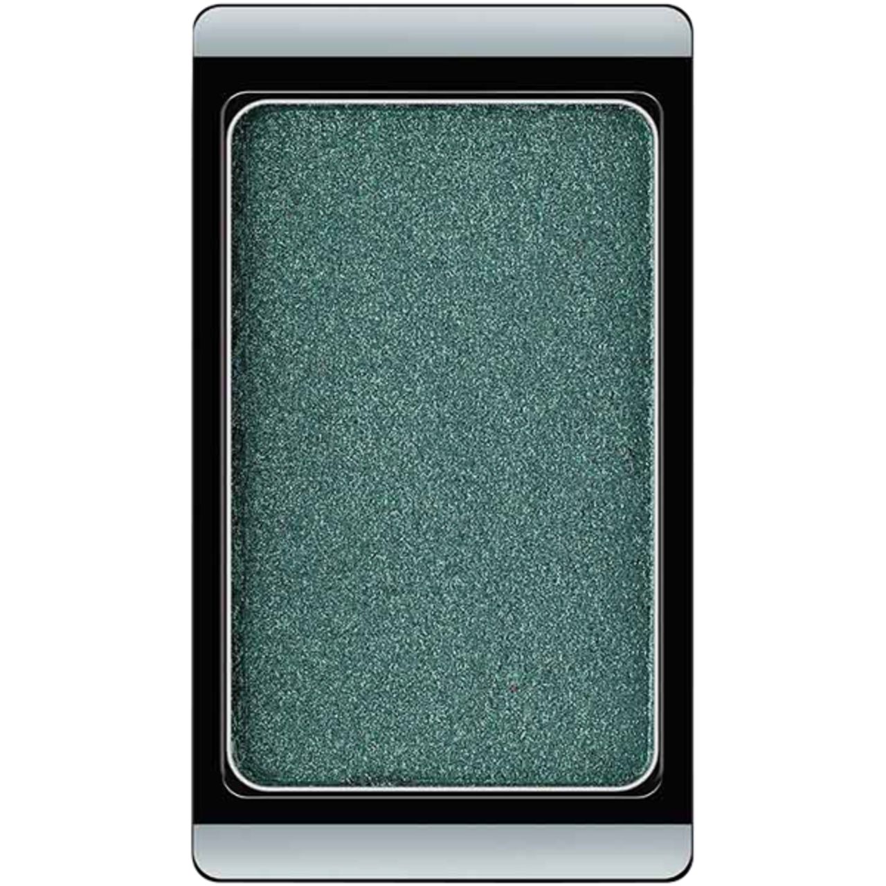 Rechteckiger Eyeshadow. Dunkelgrüne Farbe mit Glitzer. Schwarzer Rahmen, silberne Umrandung.