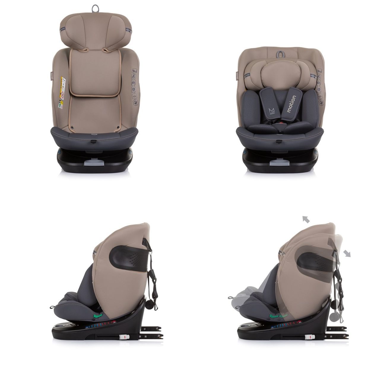 Beiger Kindersitz mit Isofix-Basis, verstellbarer Kopfstütze und Neigungsfunktion.