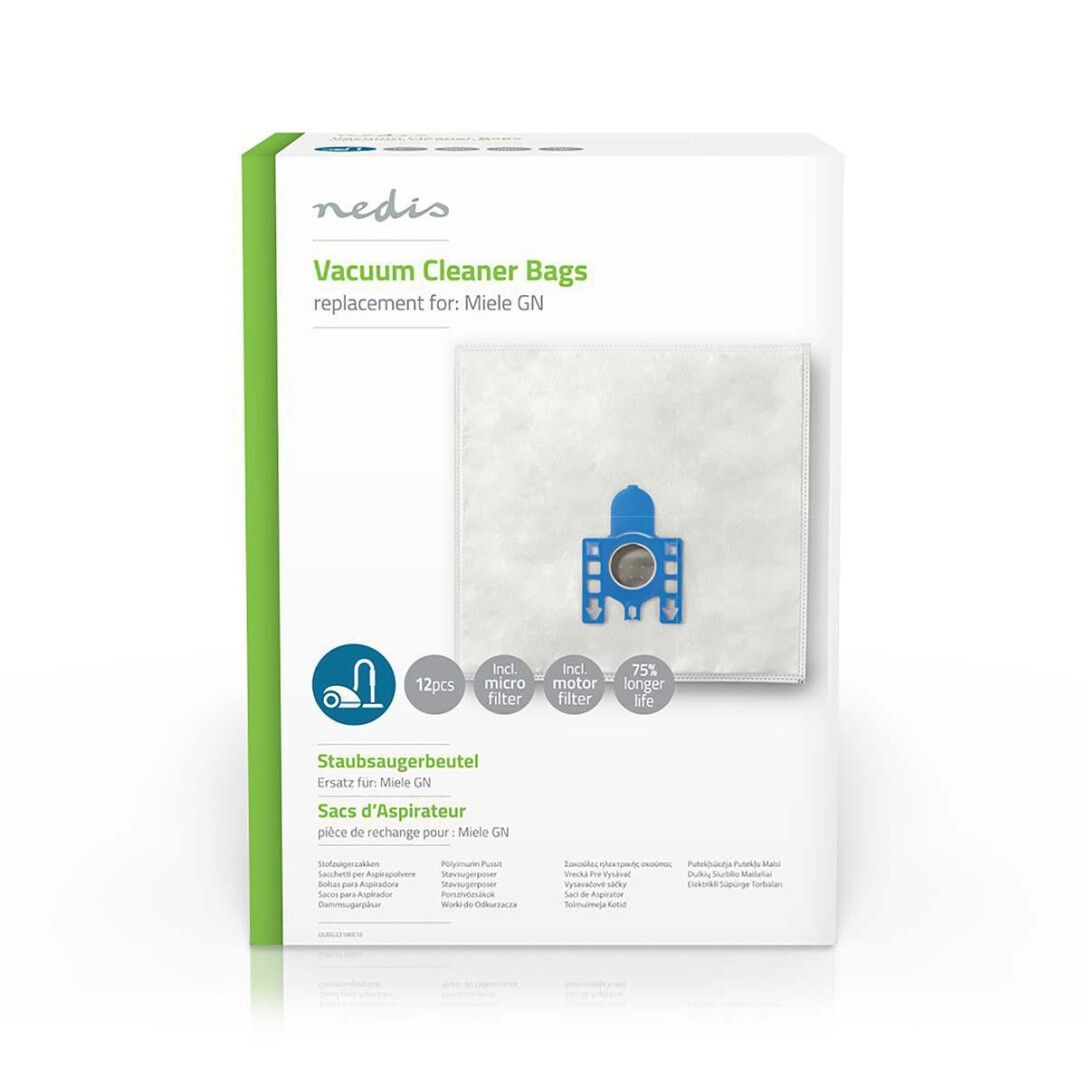 Weiße Staubsaugerbeutel in Verpackung. Text: Nedis, Vacuum Cleaner Bags, Ersatz für Miele GN. 12 Beutel, Micro Filter, Motor Filter.