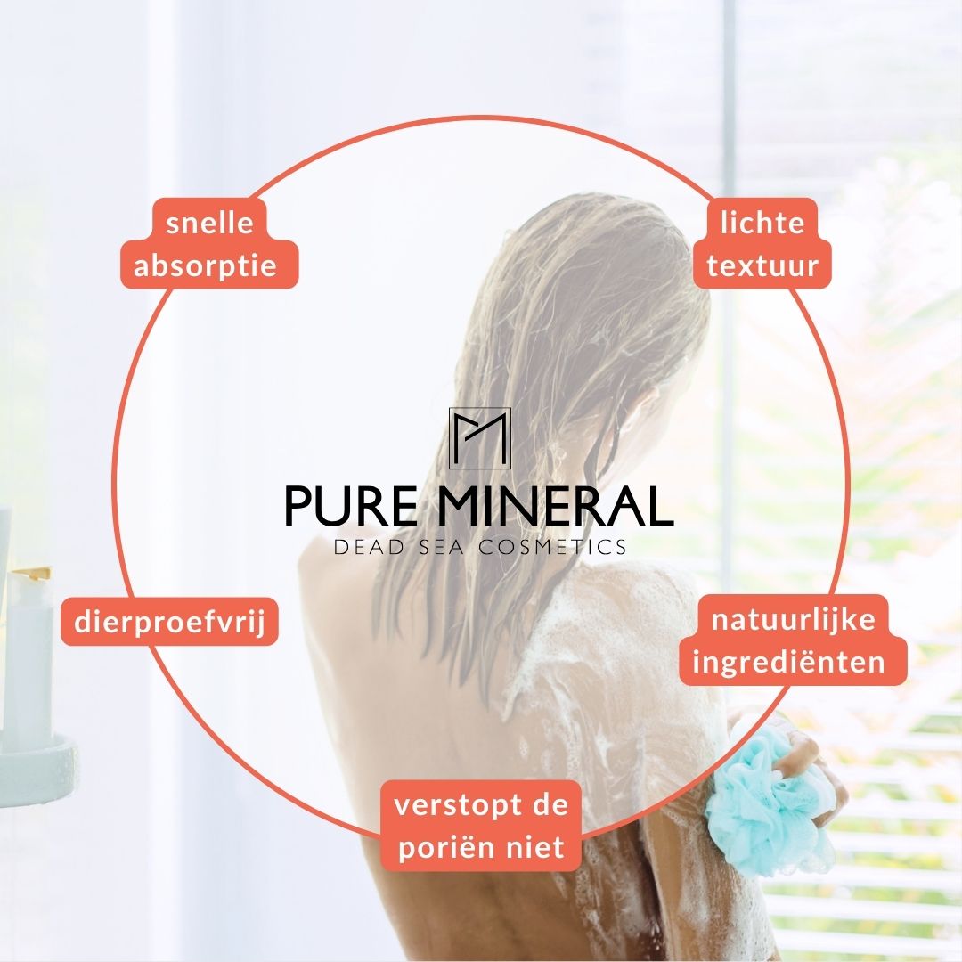 Vrouw onder de douche. Tekst: Snelle absorptie, lichte textuur, dierproefvrij, natuurlijke ingrediënten, verstopt poriën niet.
