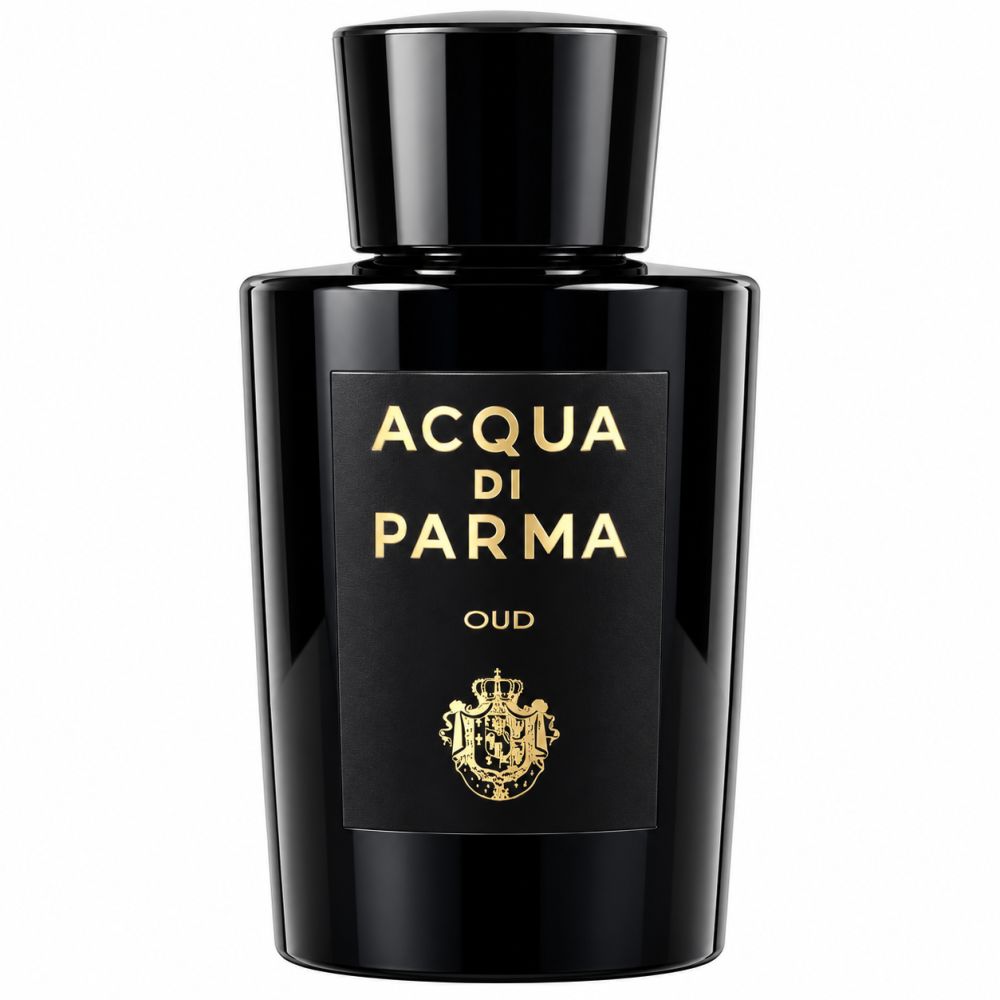 Schwarze Acqua di Parma Oud Eau de Parfum Spray Flasche mit goldenem Etikett.