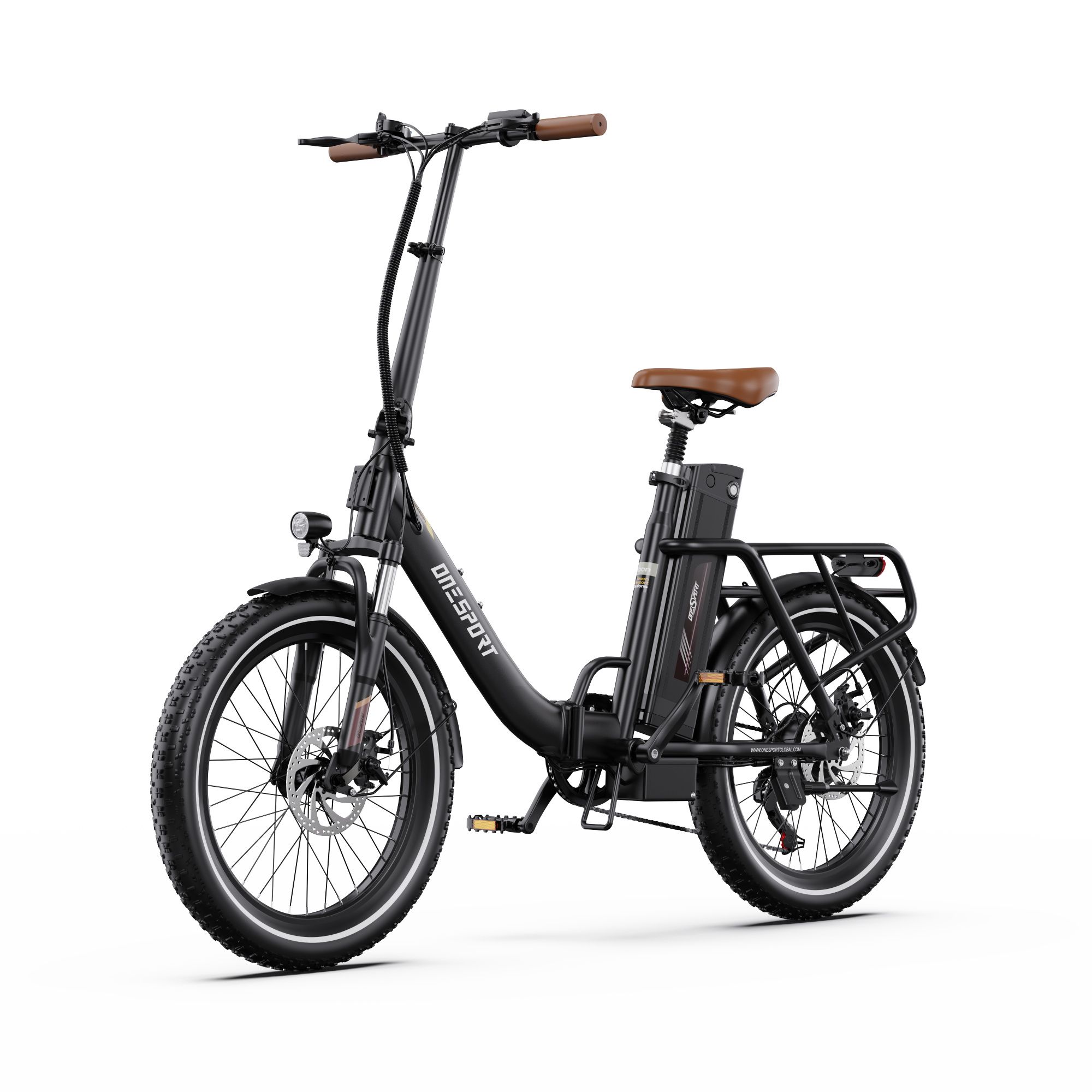 Schwarzes Elektrofahrrad mit braunem Sattel und Lenker. Marke ONESPORT sichtbar. Frontansicht.