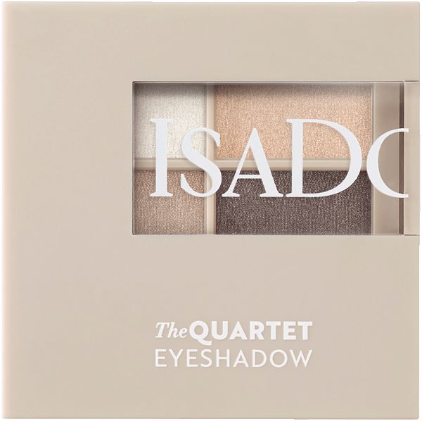 Lidschatten-Quartett in beiger Verpackung. Vier Farbtöne sichtbar. Marke: IsaDora. Text: The QUARTET EYESHADOW.