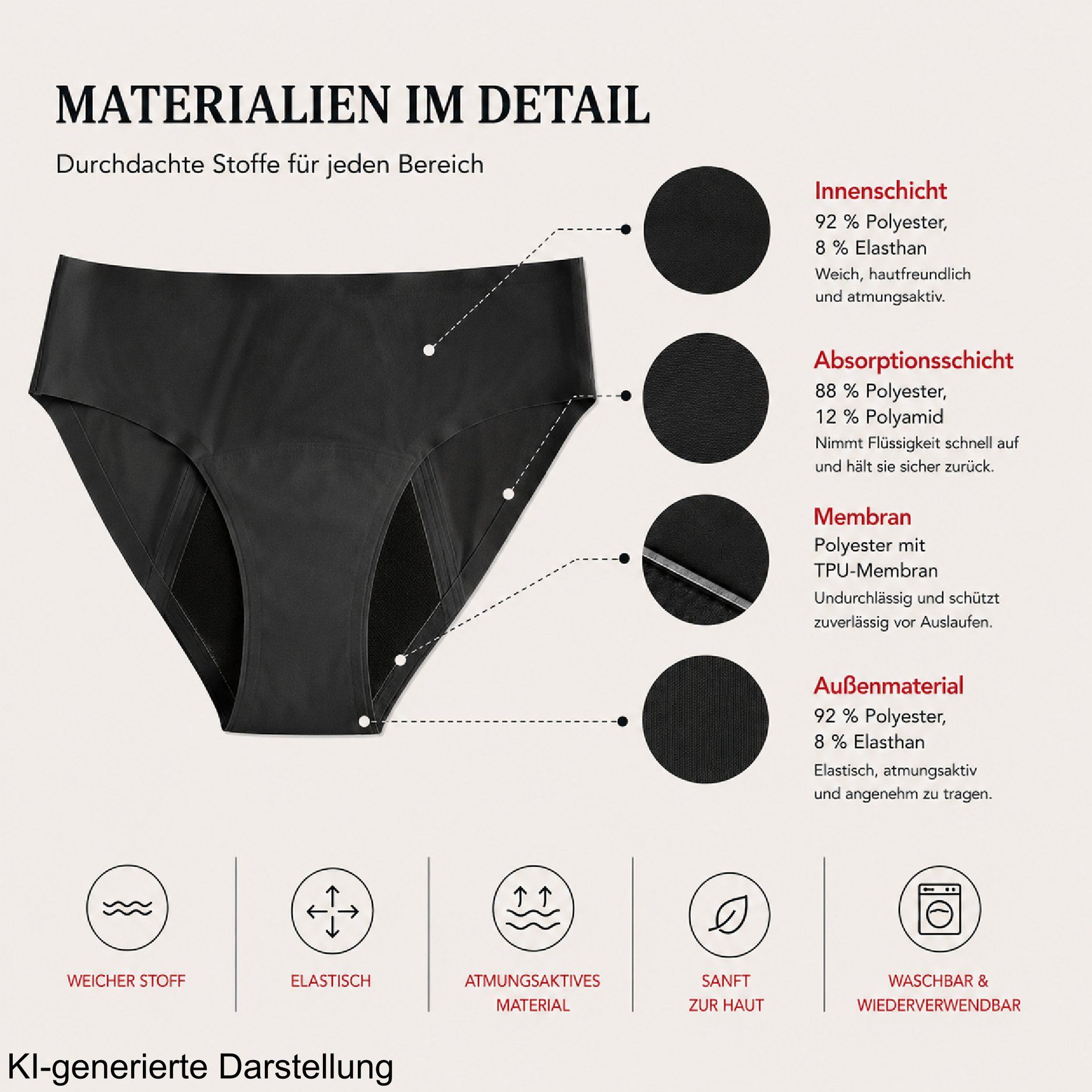 Schwarze Periodenunterhose mit Materialschichten-Detail.