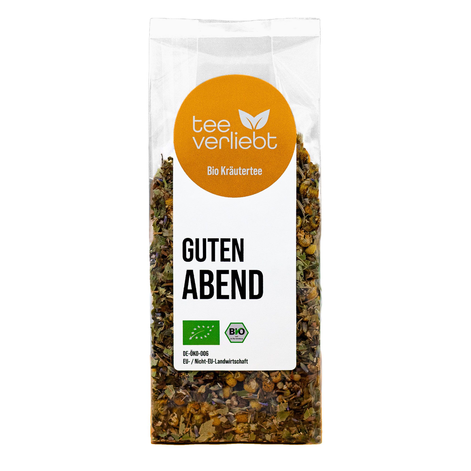 Verpackung mit Kräutermischung. Label mit Text 'Guten Abend' und Bio-Siegel.