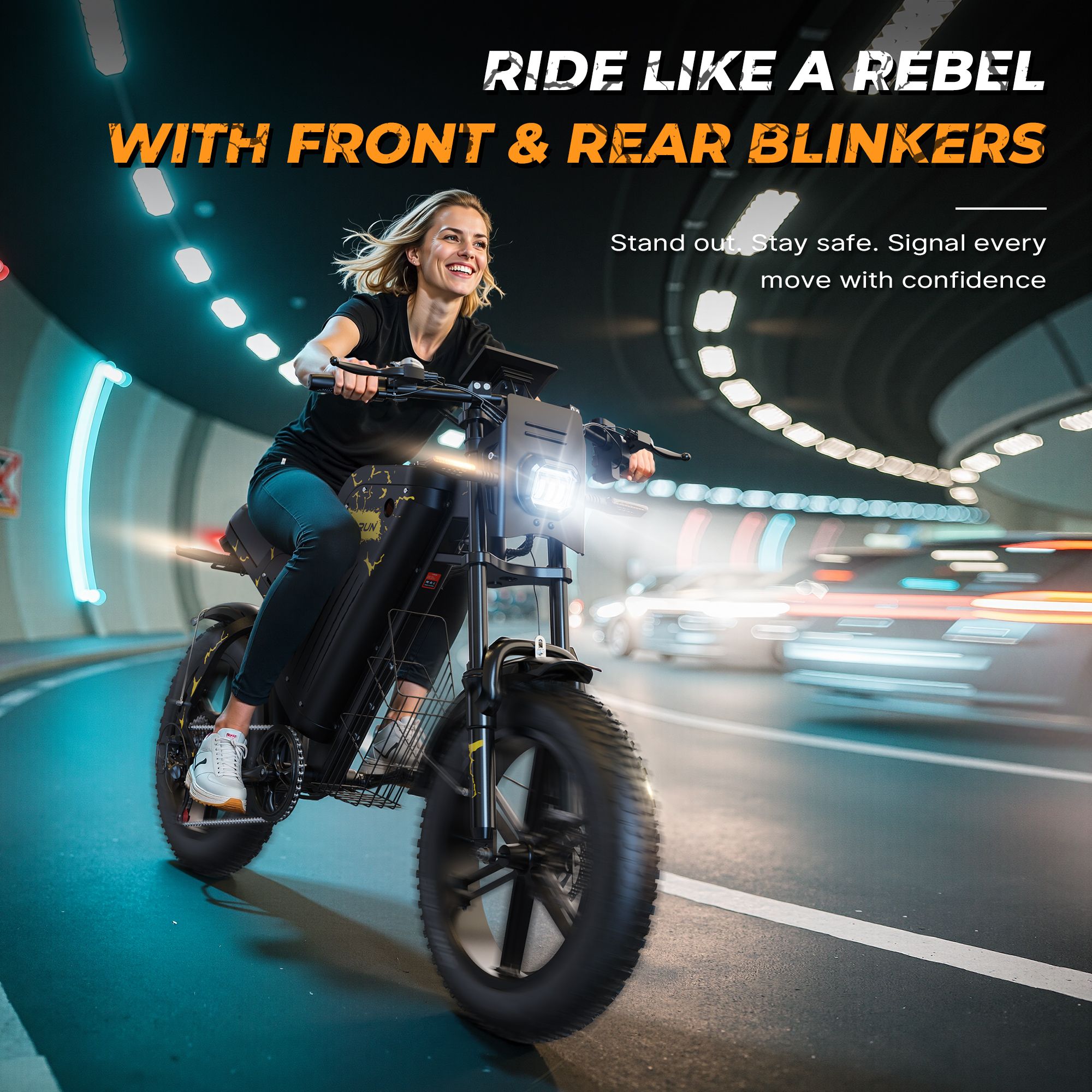 Frau fährt Elektrofahrrad durch einen Tunnel. Text: RIDE LIKE A REBEL WITH FRONT & REAR BLINKERS.