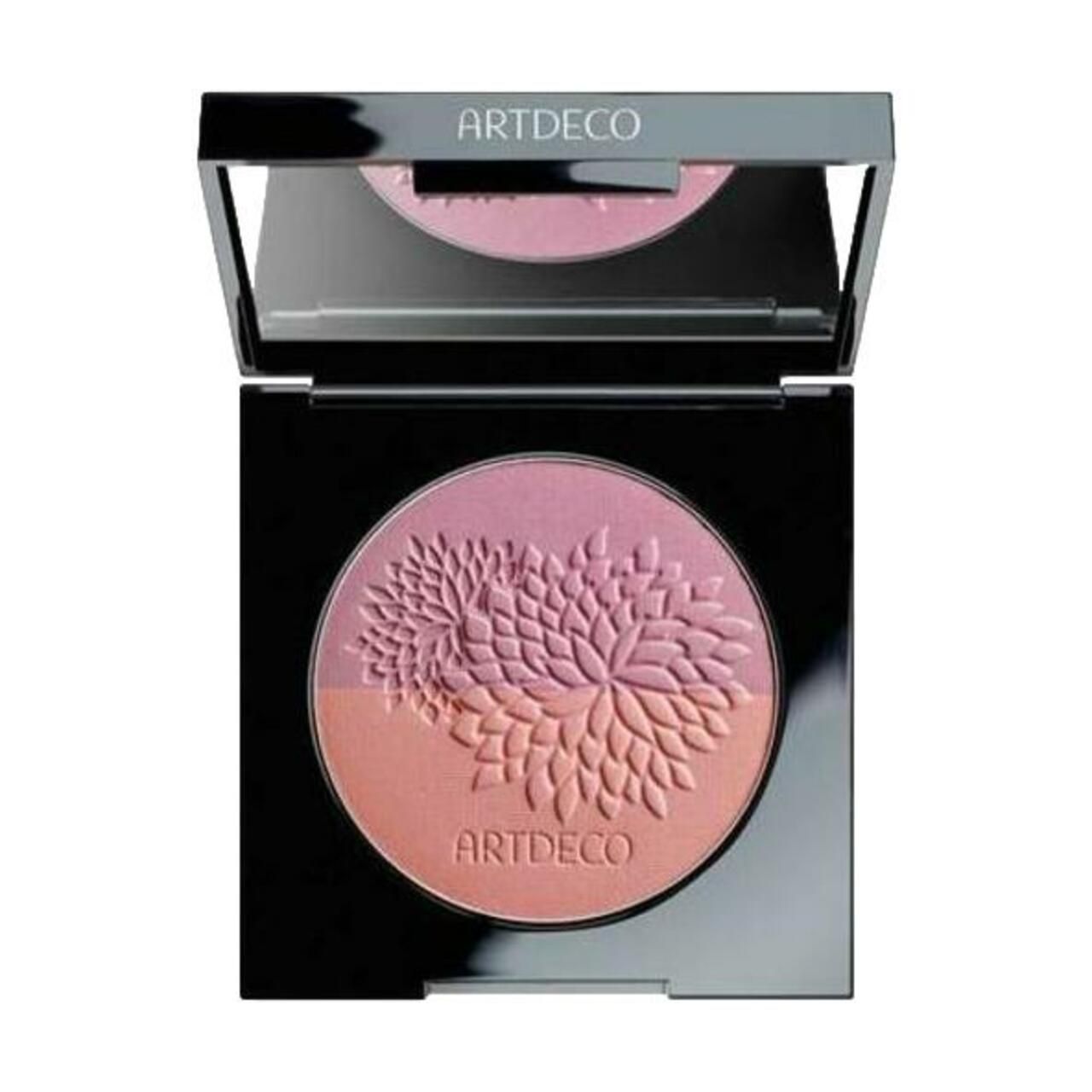 Blush Couture von Artdeco. Kompakte Puder-Blush-Palette mit zwei Farbtönen und floralem Muster. Schwarze Verpackung mit Spiegel.