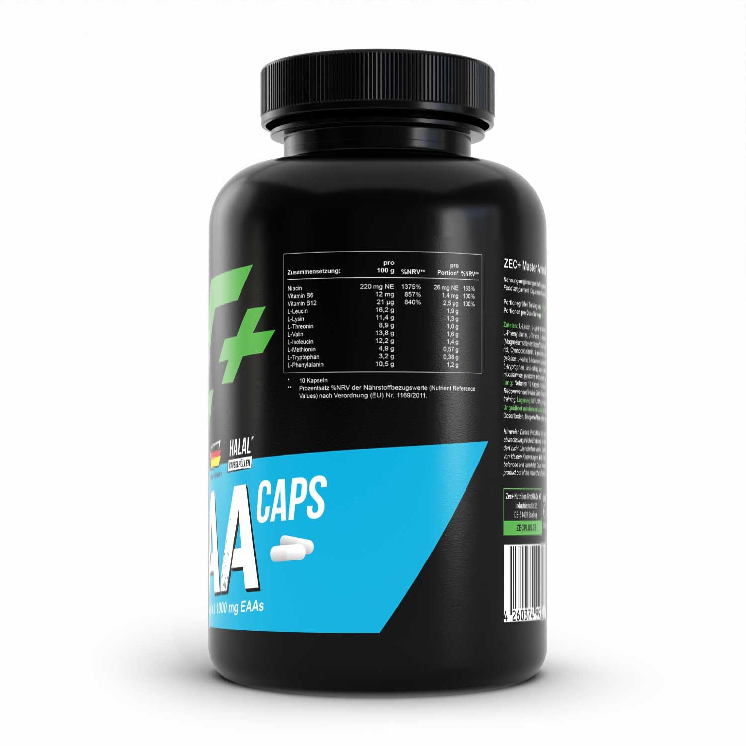 Rückseite einer schwarzen Flasche mit weißen Kapseln. Blaue Aufschrift "EAA CAPS".