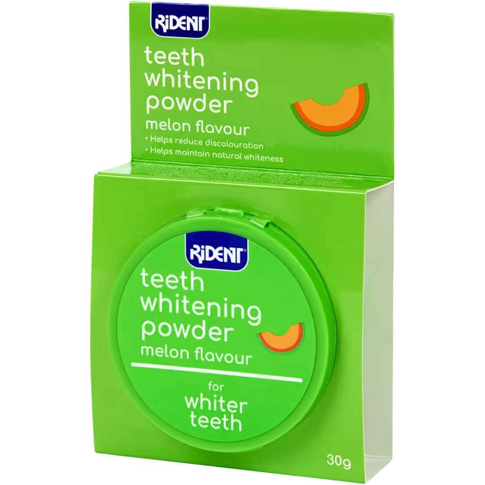 Grüne Verpackung mit Rident Zahnaufhellungspulver. Aufschrift: "teeth whitening powder melon flavour". Enthält 30g.