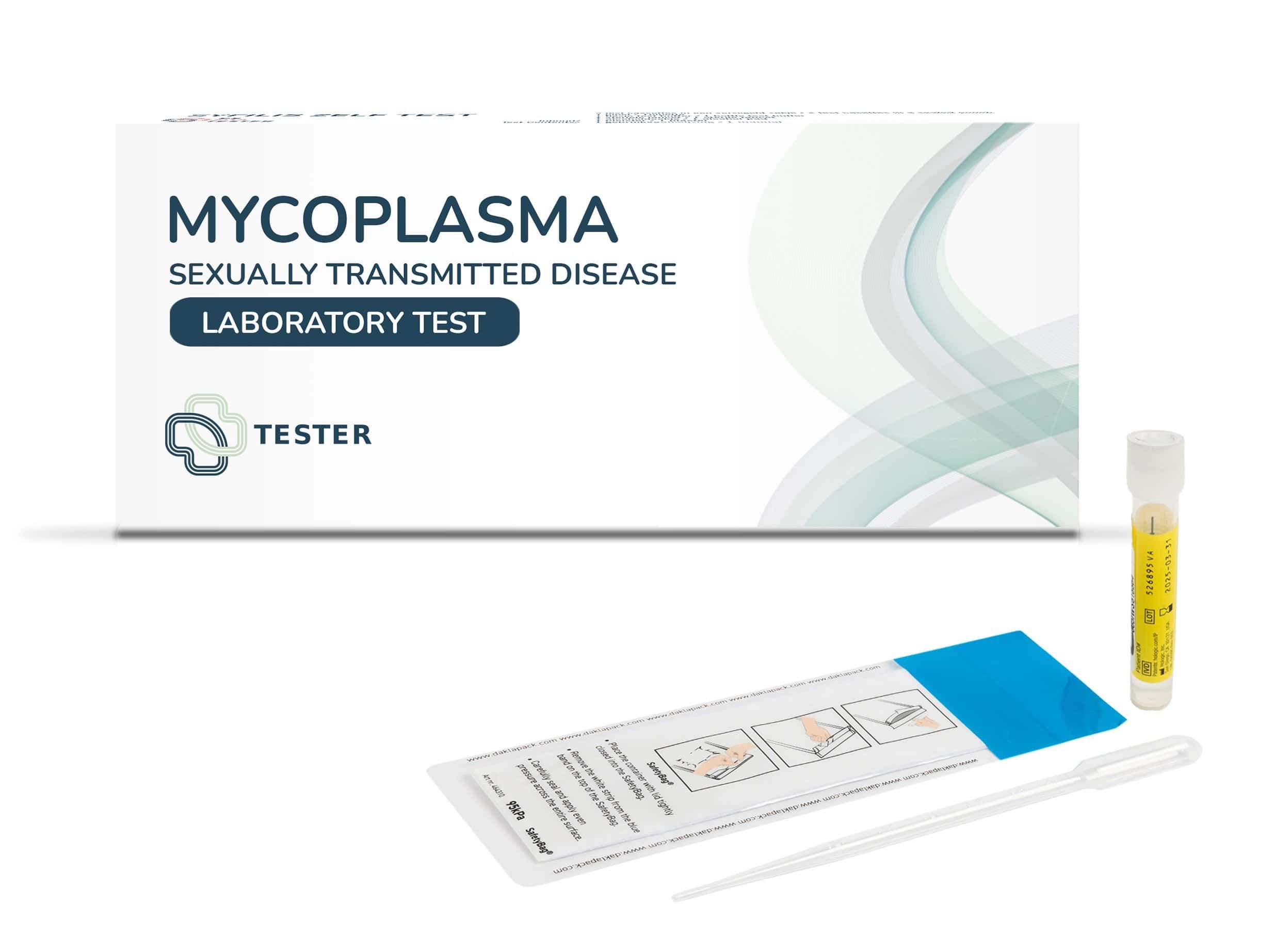 Mycoplasma-Labortest-Kit: Verpackung, Teststreifen, Pipette und Probenröhrchen. Enthält "MYCOPLASMA SEXUALLY TRANSMITTED DISEASE LABORATORY TEST TESTER".