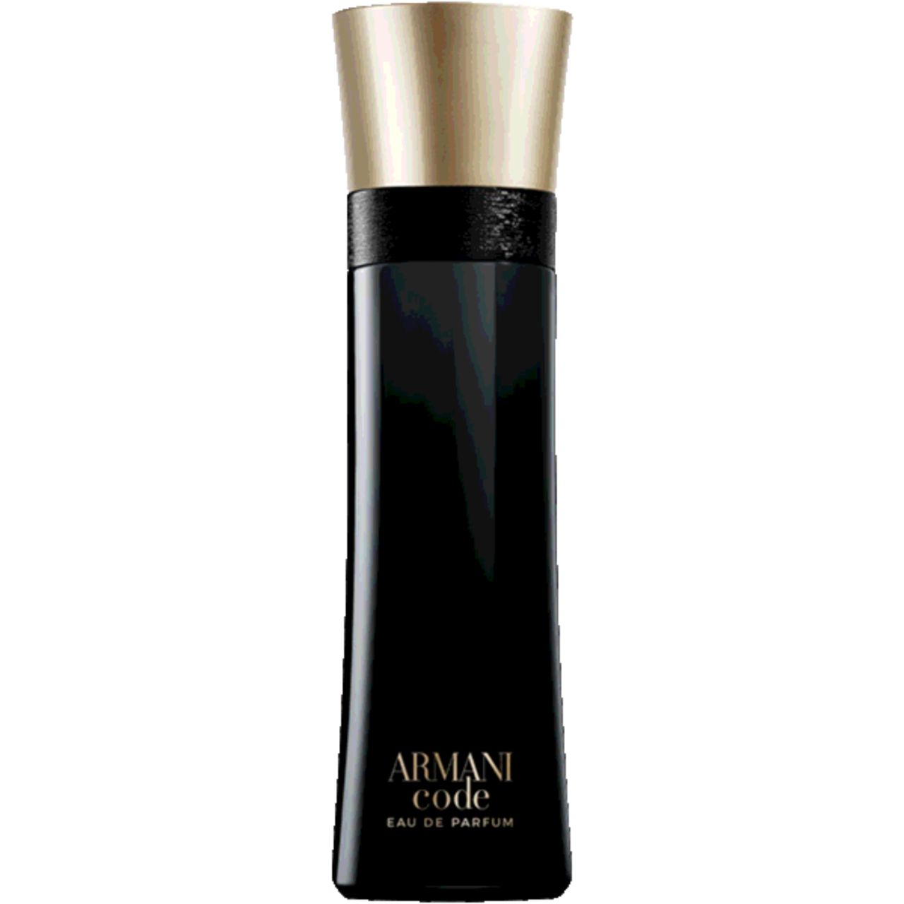Schwarzer Flakon mit goldfarbenem Deckel. Aufschrift: Armani Code Eau de Parfum.