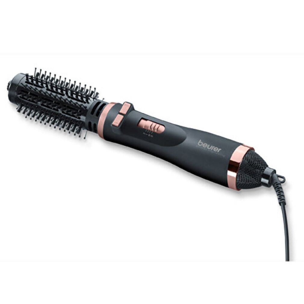 Beurer HT 80 Warmluftbürste, schwarz mit roségoldfarbenen Akzenten. Bürstenkopf, Bedienelemente und Netzkabel.