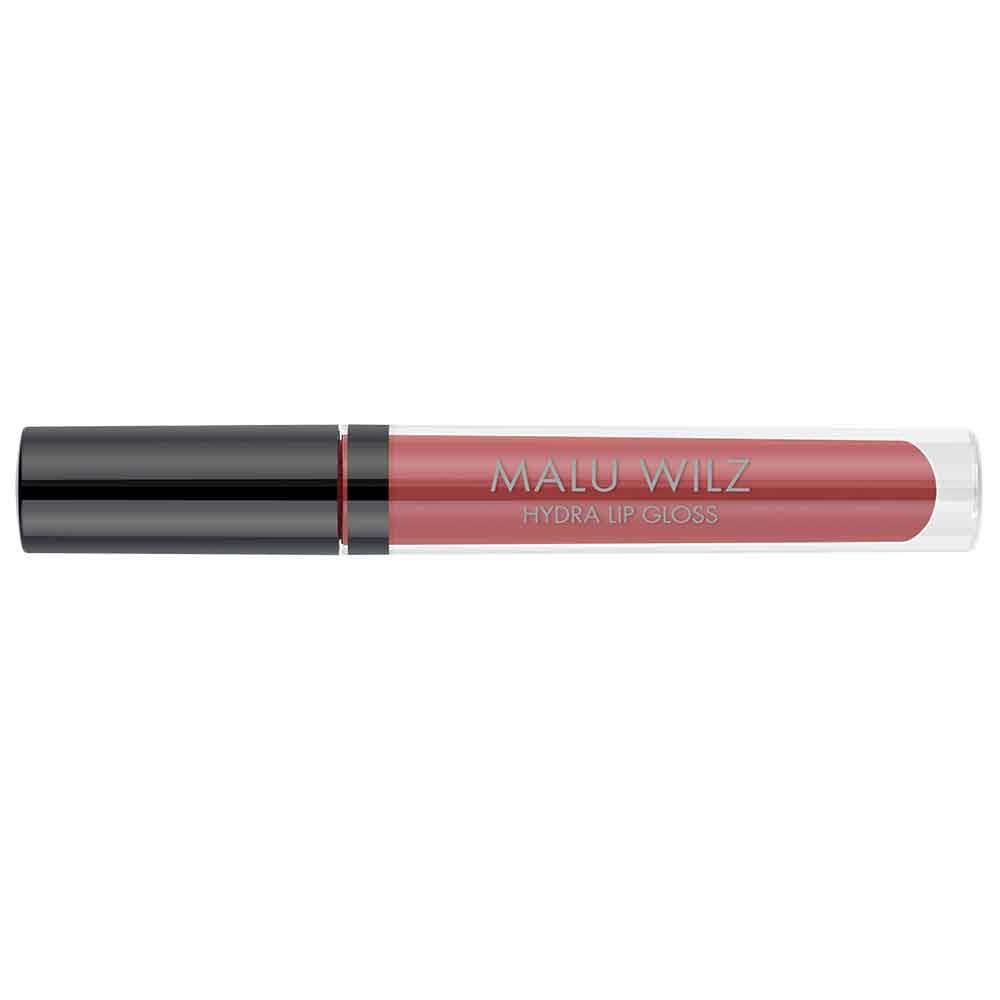 Hydra Lip Gloss von Malu Wilz. Transparente Tube mit schwarzem Deckel. Rosa Inhalt. Schriftzug: Malu Wilz, Hydra Lip Gloss.