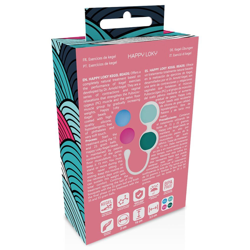 Rückseite der Verpackung. Produktinformationen und Abbildungen. Aufdruck: HAPPY LOKY KEGEL BEADS. Maße und Zertifizierungen.