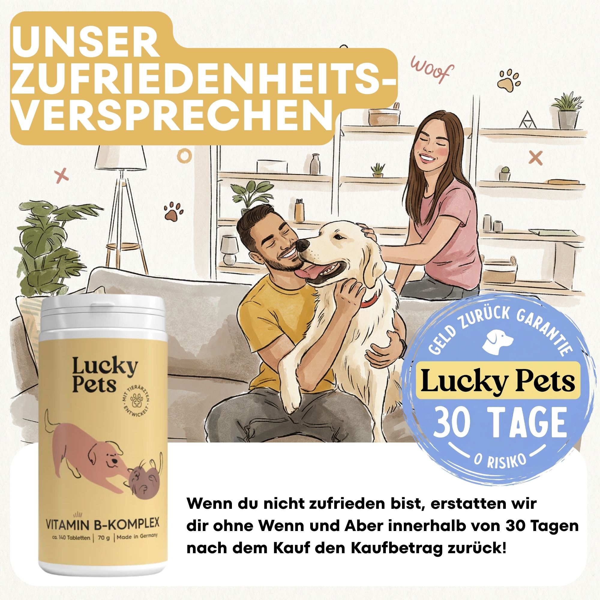 Produkt mit dem Namen Lucky Pets Vitamin B-Komplex. Eine Frau und ein Mann mit einem Hund.