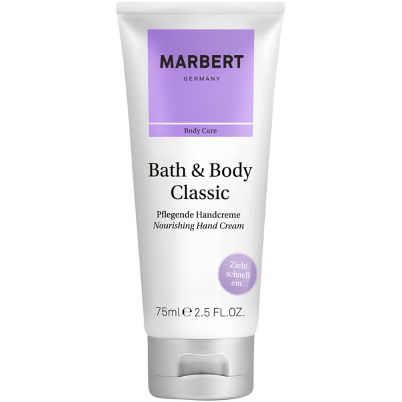 Handcreme-Tube mit lila Akzent. Schriftzug: Marbert, Bath & Body Classic, Pflegende Handcreme. 75ml.