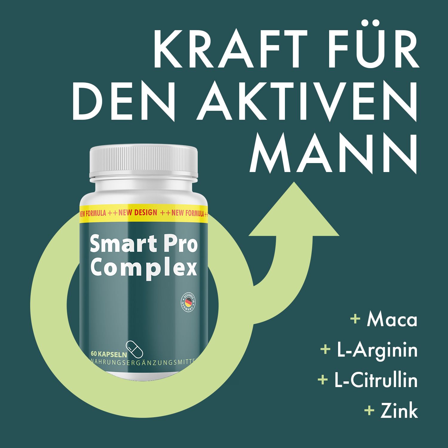 Flacone di Smart Pro Complex Kapseln su sfondo verde. Testo: Forza per l'uomo attivo. Ingredienti: Maca, L-Arginina, L-Citrullina, Zinco.