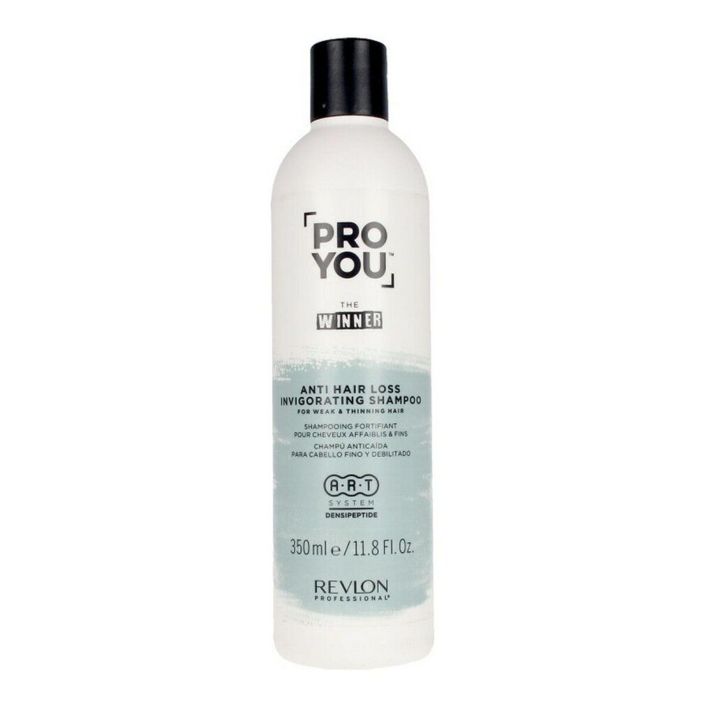 Weiße Flasche mit schwarzem Deckel. Aufschrift: PRO YOU, THE WINNER, Anti-Haarausfall Shampoo. Revlon Professional.