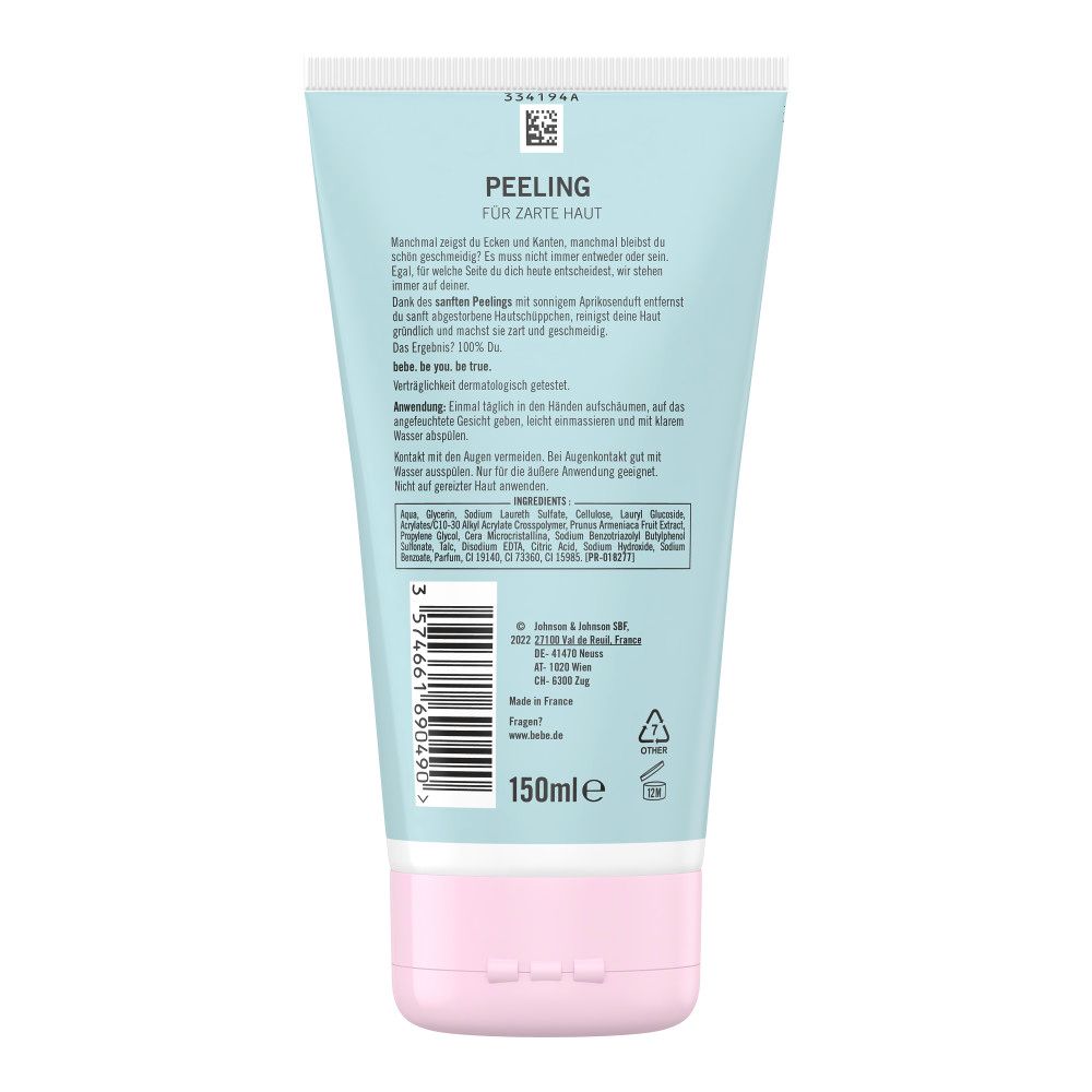 Rückseite der Tube. Text: Peeling für zarte Haut. Inhaltsstoffe, Herstelleradresse, 150ml, Recycling-Symbole.