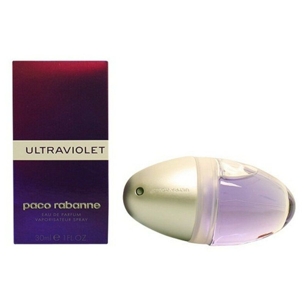 Violetter Flakon mit silbernem Deckel und Verpackung. Auf der Verpackung steht "ULTRAVIOLET" und "paco rabanne".