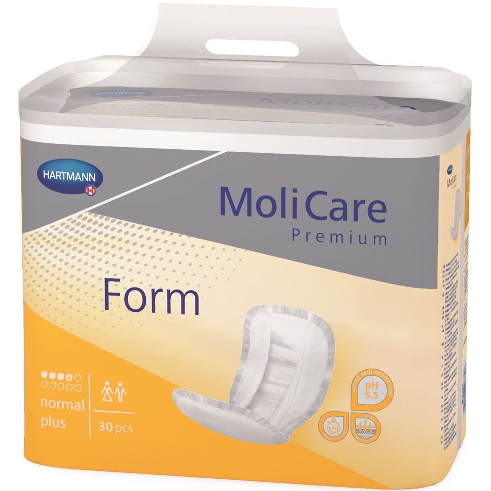 Verpackung von MoliCare Premium Form normal plus. Aufdrucke: Hartmann, MoliCare Premium, Form, normal plus, 30 Stück, pH 5,5.