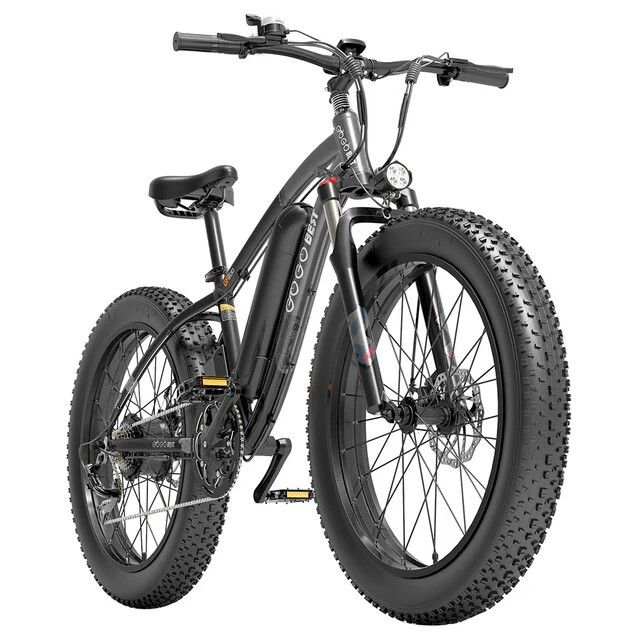 E-Bike mit breiten Reifen, Frontansicht. Marke GOGOBEST auf dem Rahmen. Schwarze Farbe, Scheinwerfer und Pedale.