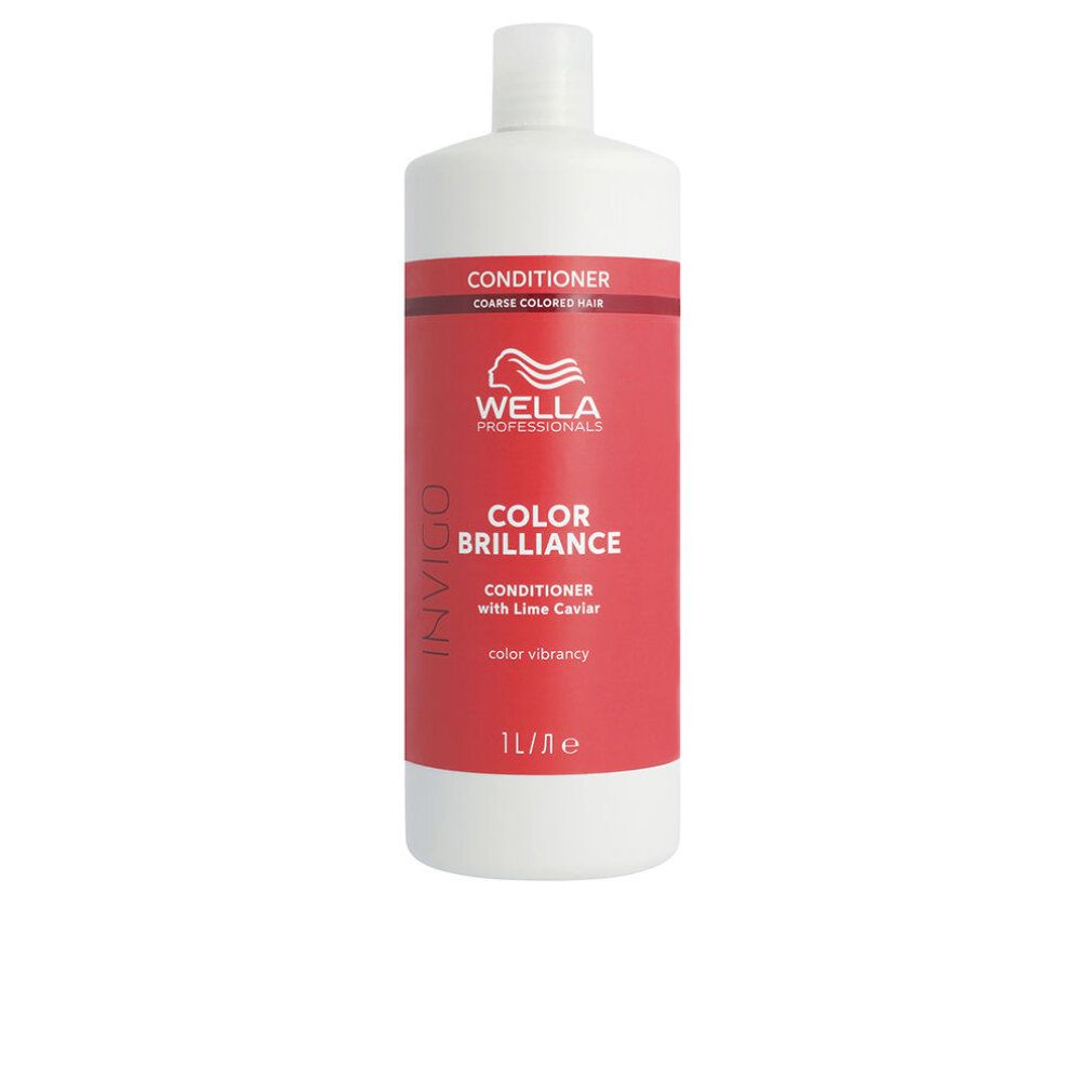 Flasche Wella Invigo Color Brilliance Conditioner. Weißer Behälter mit rotem Etikett. Text: Conditioner, Color Brilliance, 1L.