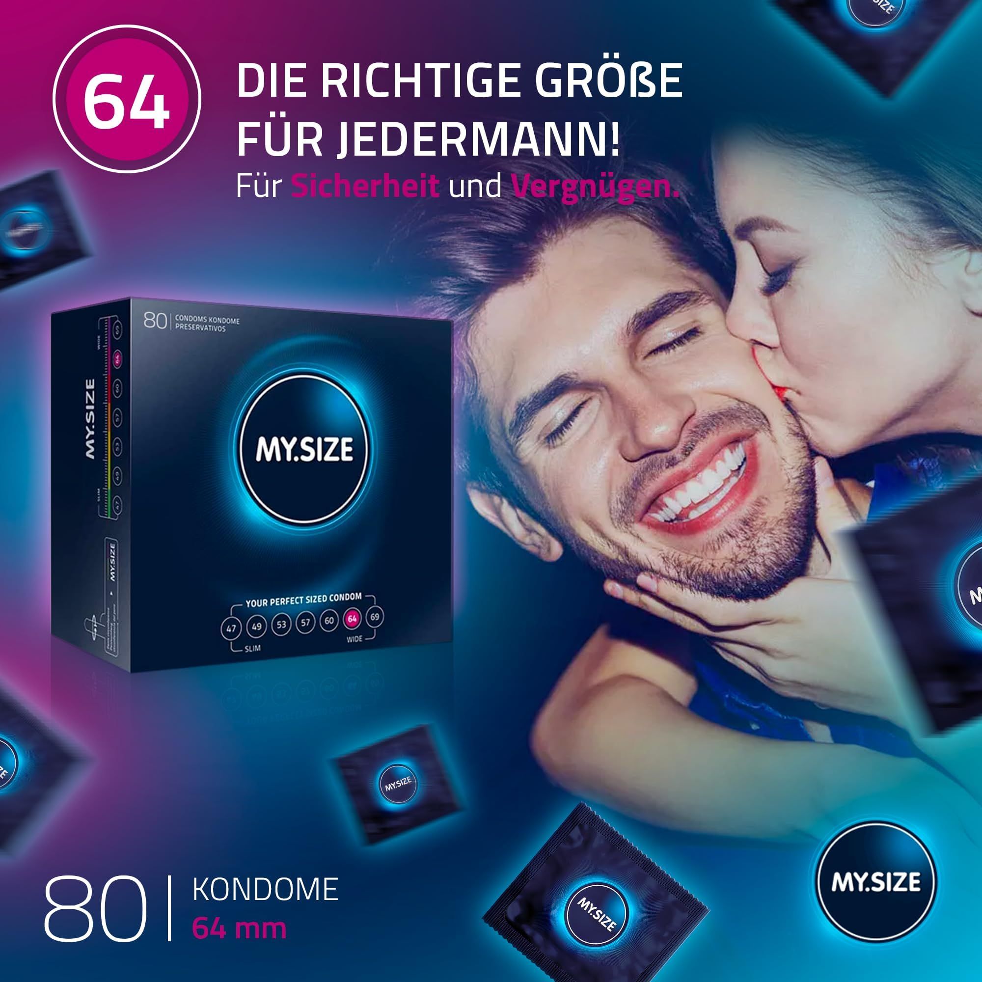 Paar küsst sich, im Vordergrund eine Packung My.Size Kondome, Größe 64 mm, 80 Stück.