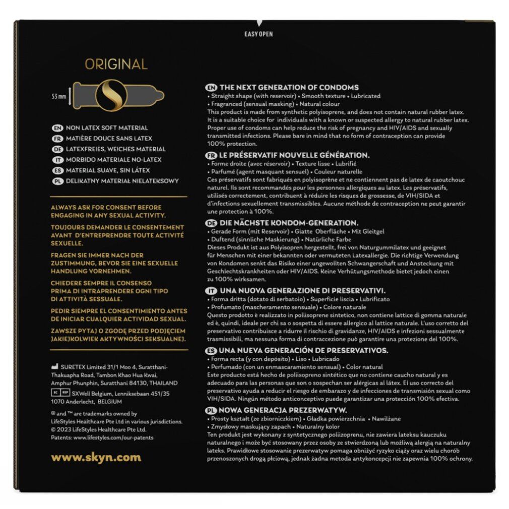 Innenseite der SKYN Original Verpackung. Text über Kondome, Inhaltsstoffe und Gebrauchsanweisung. Mehrsprachig.