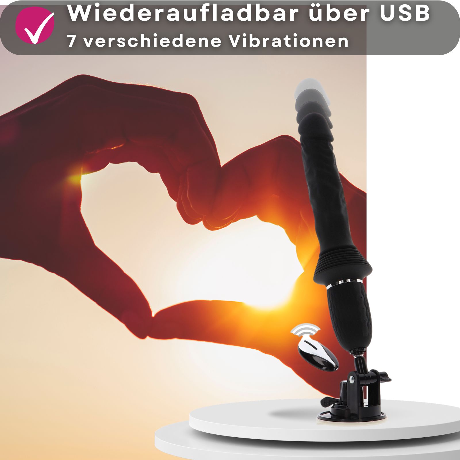 Schwarzer Stoßvibrator mit Stativ und Fernbedienung. Wiederaufladbar über USB. 7 Vibrationen. Hände formen Herz.