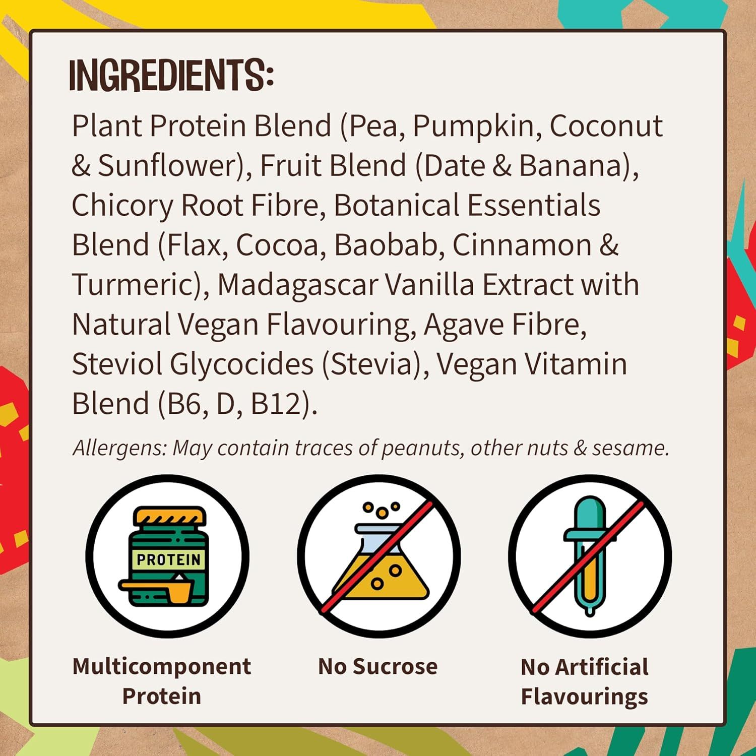 Zutatenliste: Pflanzenproteinmischung, Fruchtmischung, Chicorée-Wurzelfaser, botanische Essenzen. Symbole: Protein, kein Sucrose, keine Aromen.