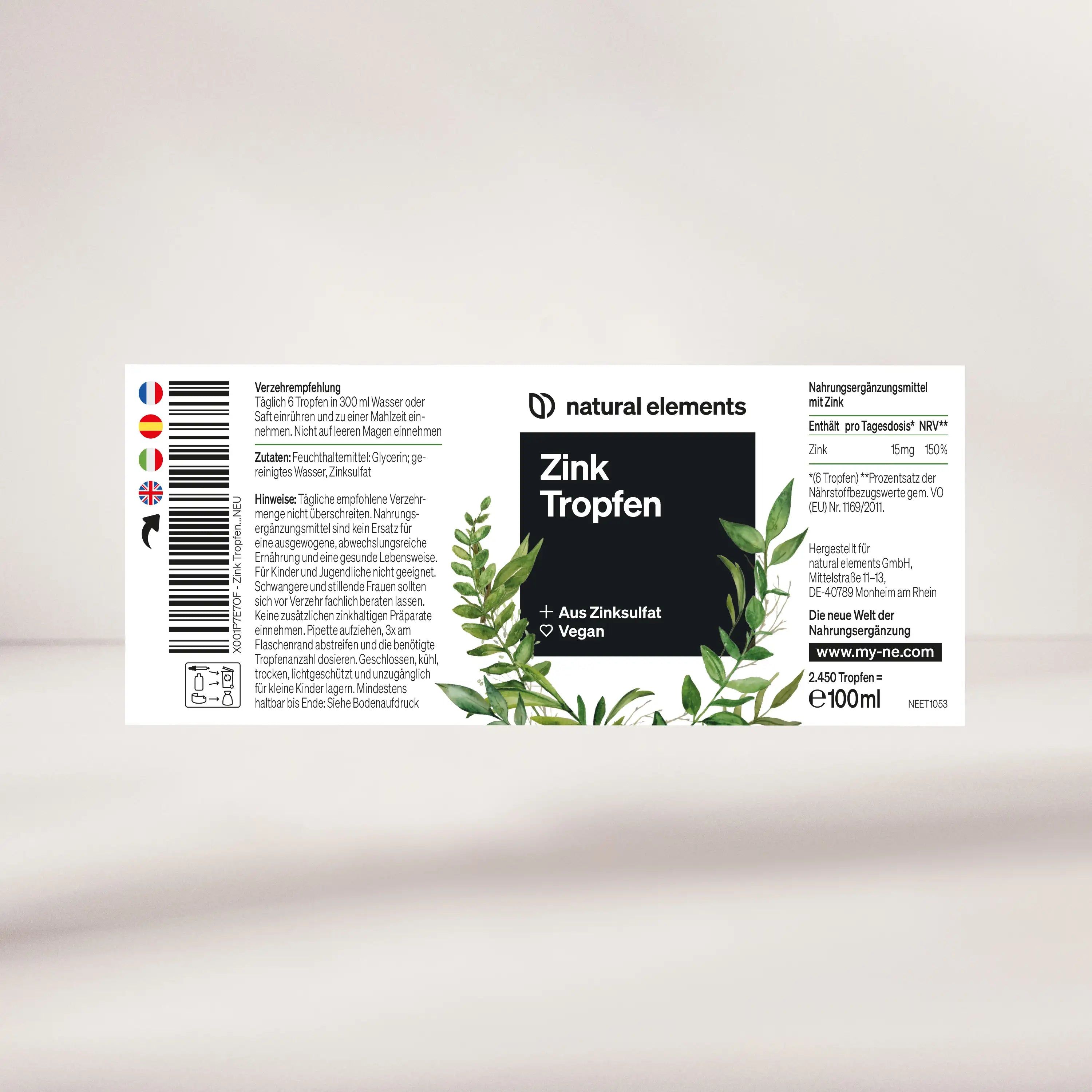 natural elements Zink Tropfen – 100ml – 15mg/Tagesdosis – Ionisches Zink (Zinksulfat) – Ohne Alkohol