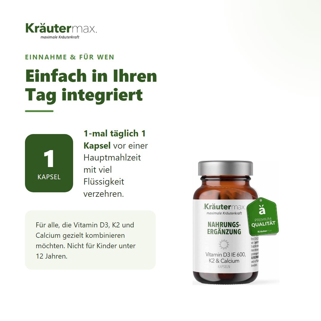 Anwendungshinweis: 1 Kapsel täglich mit Flüssigkeit einnehmen. Kräutermax Vitamin D3, K2 & Calcium.