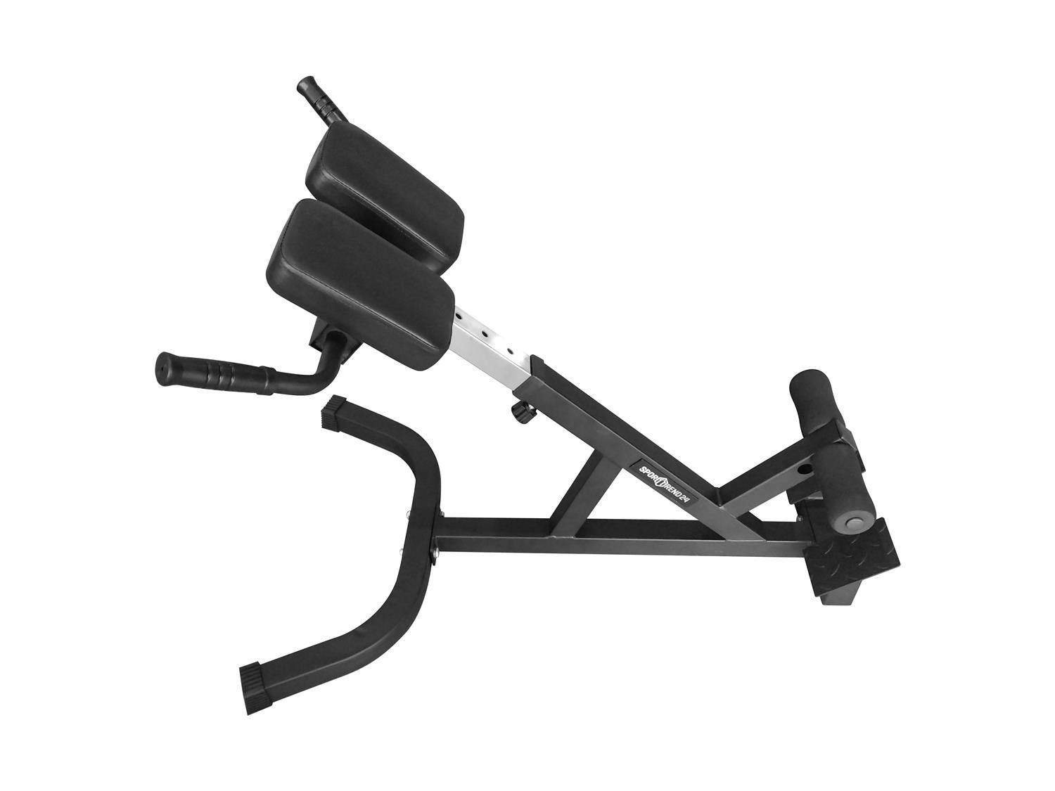 Rückentrainer, schwarz. Gepolsterte Auflage, Haltegriffe und Fußstützen. Metallrahmen.