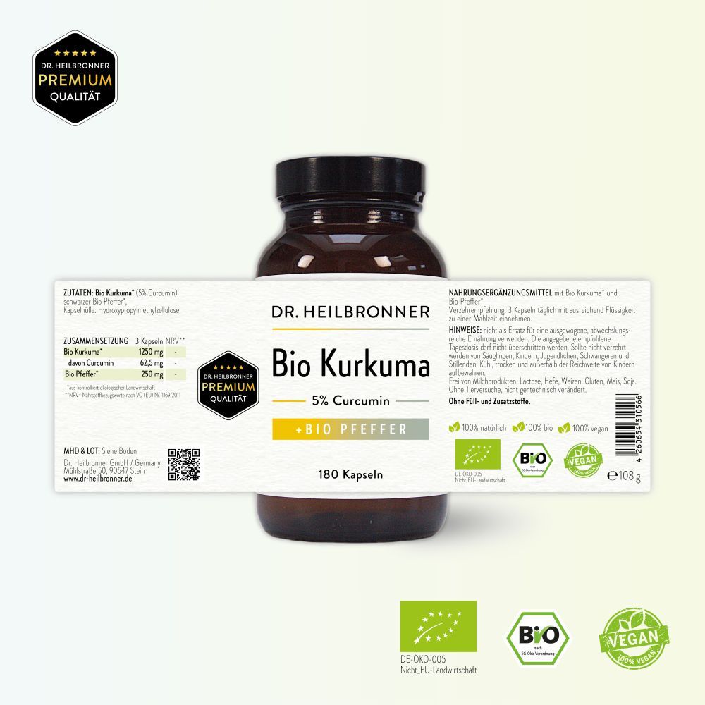 Flasche mit Etikett. Dr. Heilbronner Bio Kurkuma, 5% Curcumin, Bio Pfeffer, 180 Kapseln. Premium Qualität. Bio-Siegel, Vegan-Siegel.