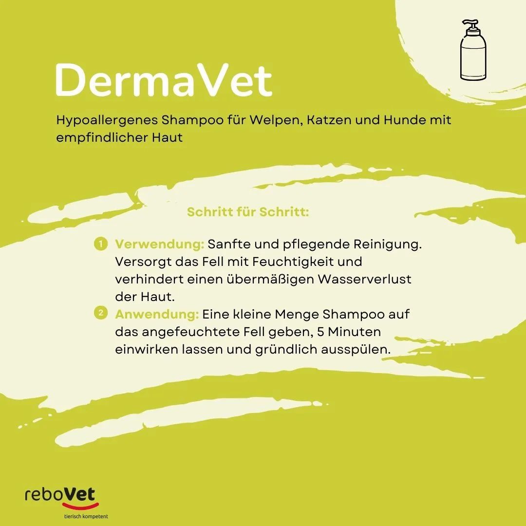 Anwendungshinweise für DermaVet hypoallergenes Shampoo für Hunde und Katzen mit empfindlicher Haut.