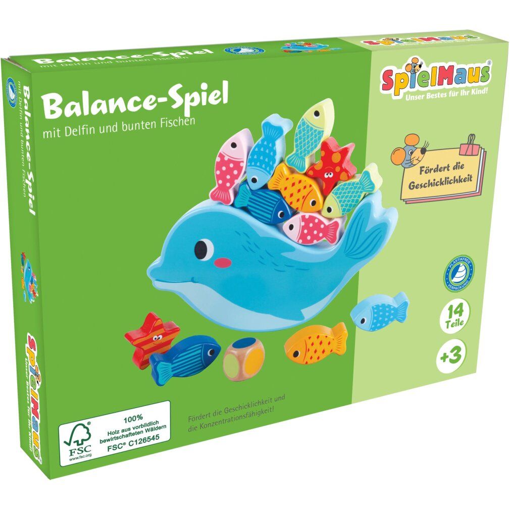 Balance-Spiel mit Delfin und bunten Fischen. 14 Teile. Holzspielzeug mit Delfin und Fischen. FSC-zertifiziert. Verpackung.