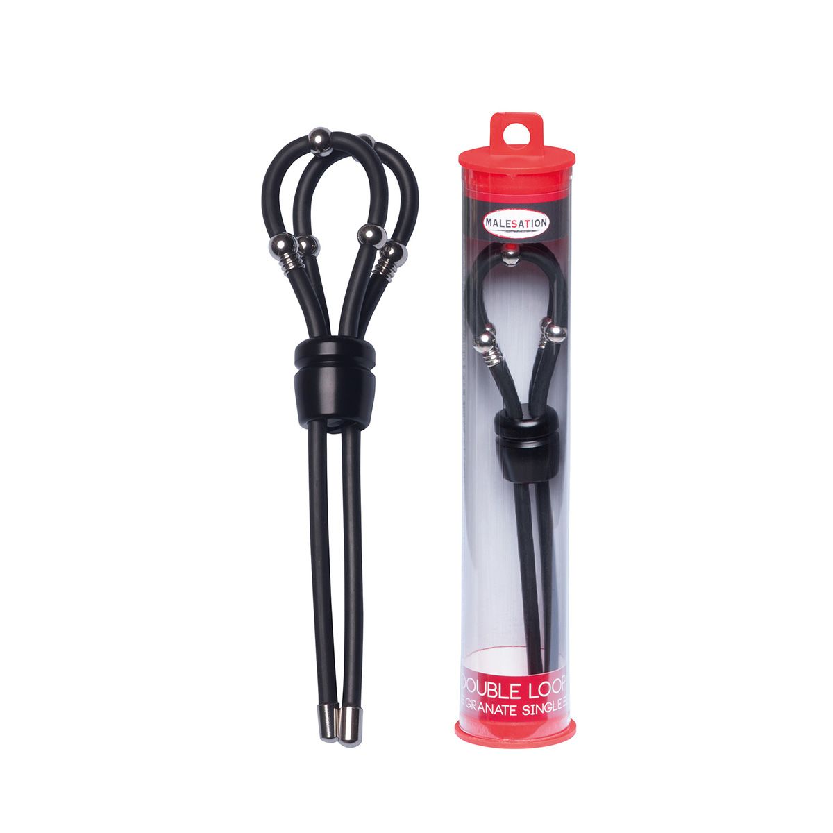 Schwarzes Produkt mit zwei Schlaufen und Metallkugeln, neben Produkt in Verpackung. Roter Deckel mit Markenname.