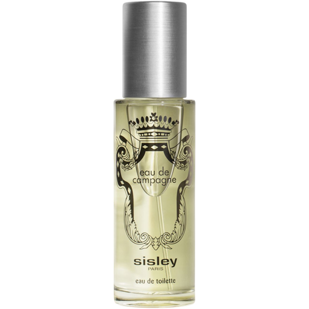 Parfümflakon mit silbernem Deckel. Aufschrift: Eau de Campagne, Eau de Toilette, Sisley Paris.