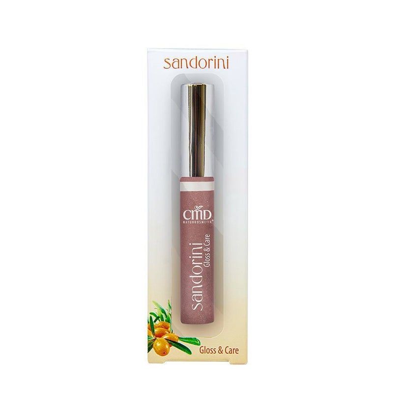 Lipgloss in Verpackung. Silberne Kappe, rosa Tube mit Schriftzug "sandorini Gloss & Care".