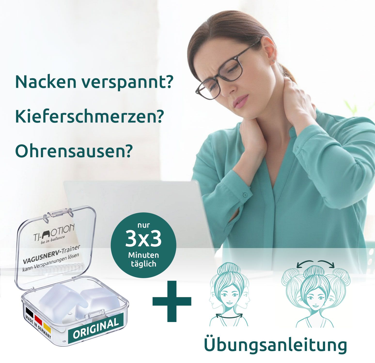 Produkt-Set mit zwei transparenten, quadratischen Teilen in einer transparenten Box. Enthält eine Übungsanleitung. Eine Frau hält sich den Nacken.